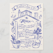 Rustieke Hand Getrokken Italiaanse Trouwmenu Blauw Menu (Voorkant)