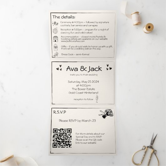 Rustieke Hand getrokken Tri-fold bruiloft uitnodig Drieluik Uitnodiging (Binnen)