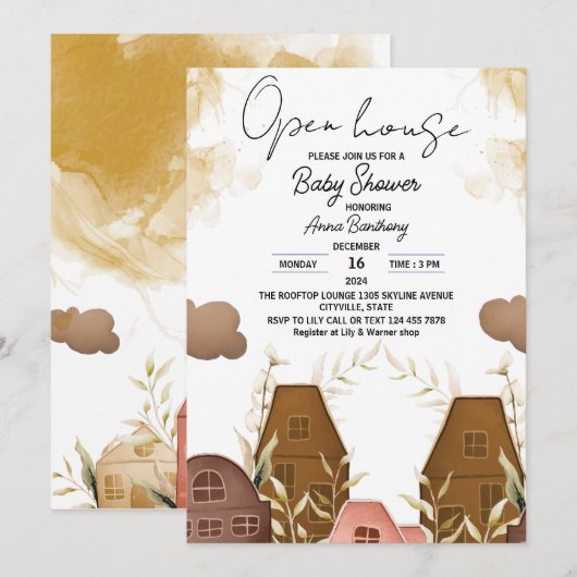 Rustieke handgetekende open huis baby shower kaart (Voorkant / Achterkant)
