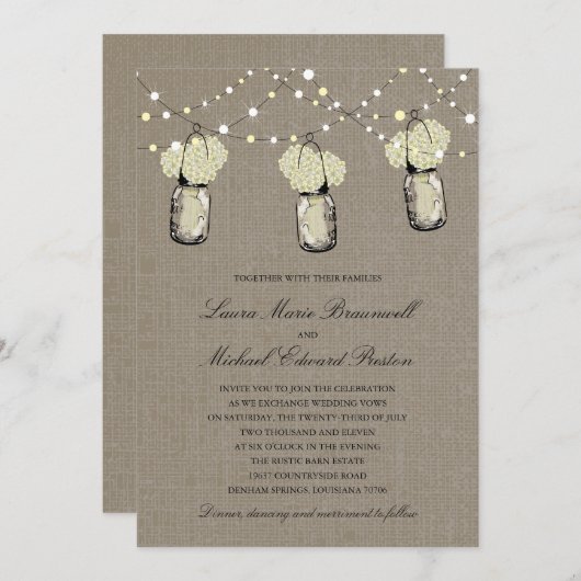 Rustieke Hanging Mason Jar Hydrangea Wedding Kaart (Voorkant / Achterkant)