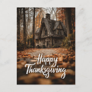 Rustieke "Happy Thanksgiving" met Autumn Cottage Feestdagenkaart