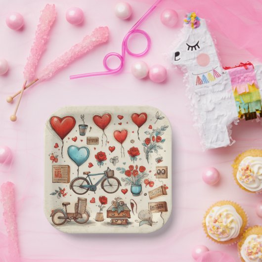 Rustieke harten schetsen rood en crème papieren bordje (Feest)