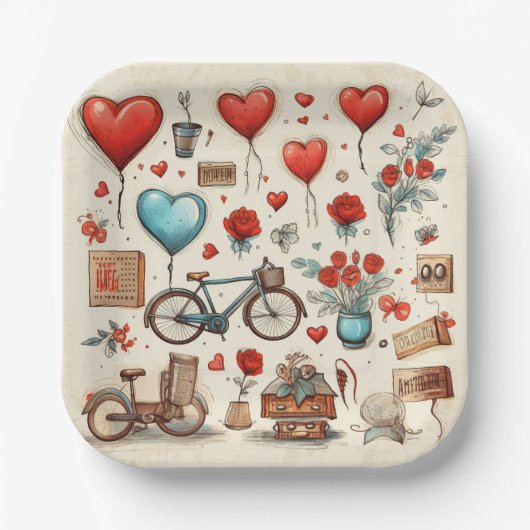 Rustieke harten schetsen rood en crème papieren bordje (Voorkant)