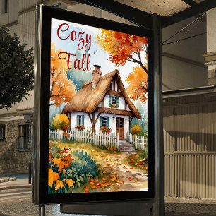 Rustieke herfst aquarel cottage bomen tuin poster