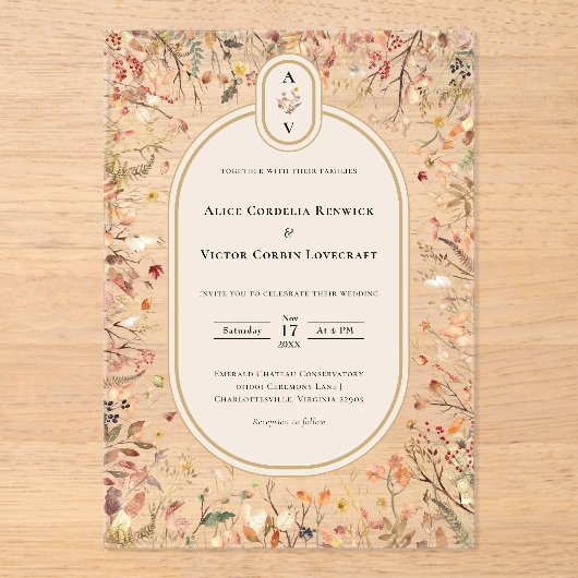 rustieke Herfst Beige bruiloft Monogram Acryl Uitnodigingen (Voorkant)