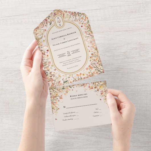 rustieke Herfst Beige bruiloft Monogram All In One Uitnodiging (Afscheurbaar)