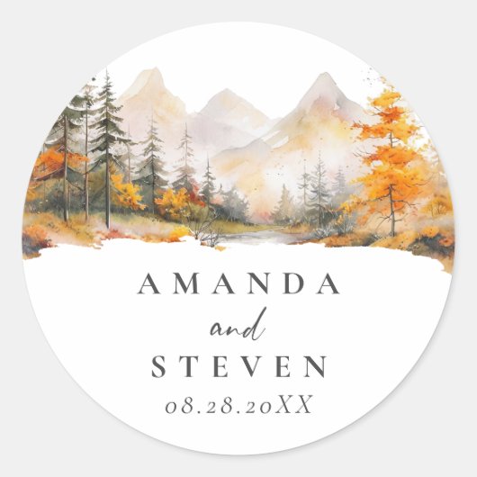 Rustieke herfst berg pijnboom bos bruiloft ronde sticker (Voorkant)