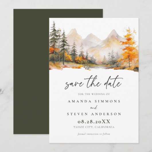 Rustieke herfst berg pijnboom bos bruiloft save the date (Voorkant / Achterkant)
