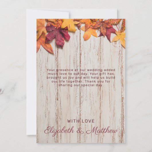 Rustieke herfst bladeren hout bedankkaart (Achterkant)