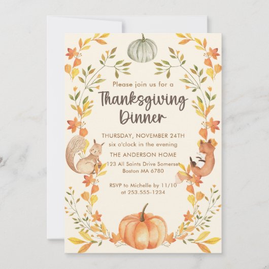 Rustieke herfst bladeren pompoen Thanksgiving dine Kaart (Voorkant)