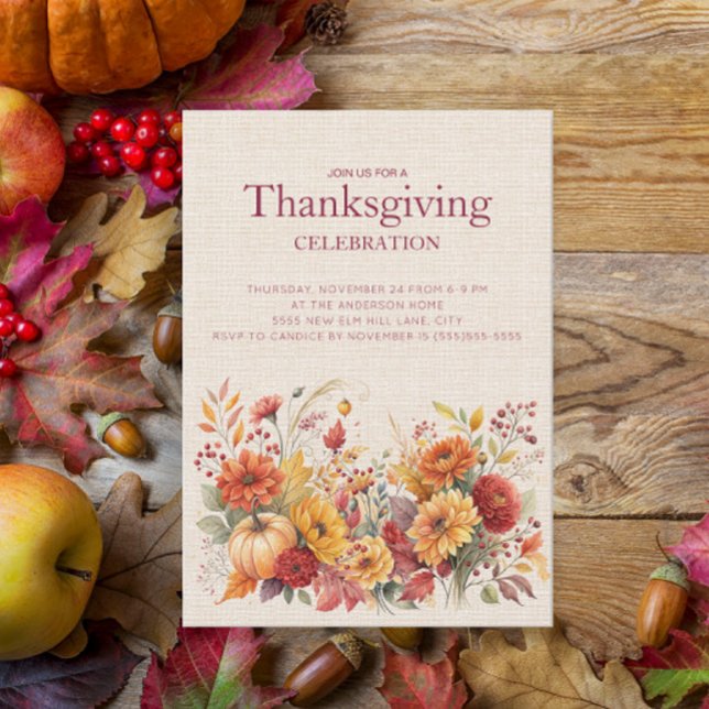 Rustieke herfst bloem leinen Thanksgiving (Autumn floral Thanksgiving Dinner invitation)
