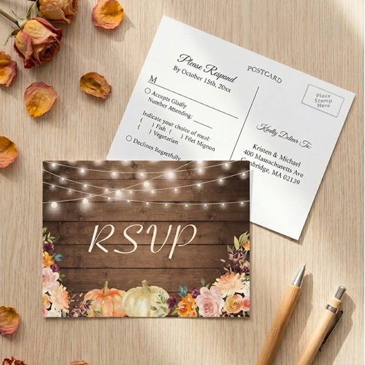 Rustieke herfst bloem slinger lichten trouw-RSVP Uitnodiging Briefkaart