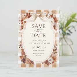 Rustieke herfst bloemen bladeren geruit save the date