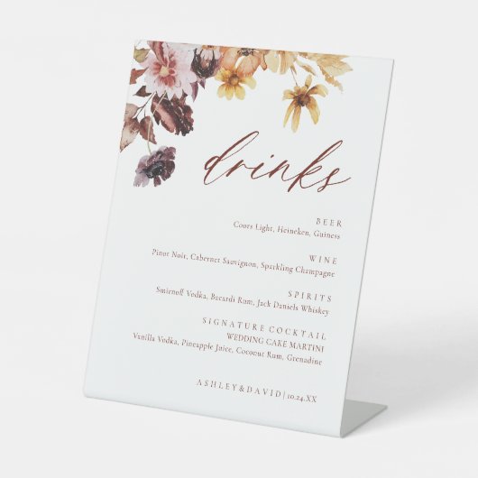Rustieke Herfst Bloemen Bruiloft Drink Menu Reclamebord Met Voetstuk (Voorkant)