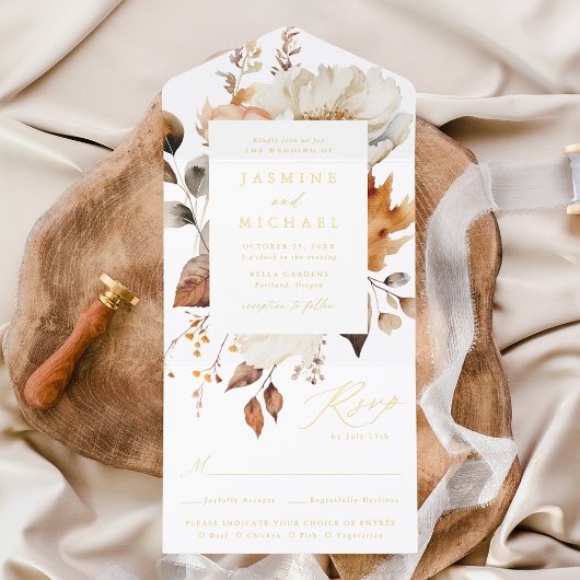 Rustieke Herfst Bloemen Gouden Folie Wedding All In One Uitnodiging