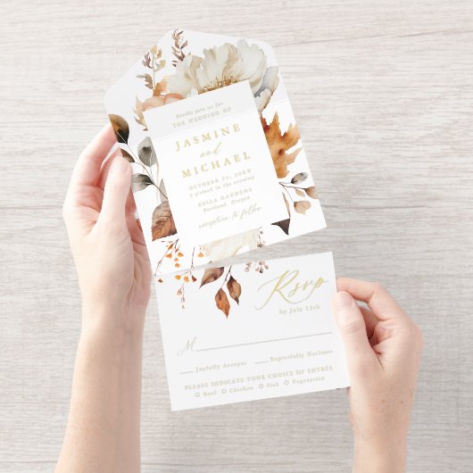 Rustieke Herfst Bloemen Gouden Folie Wedding All In One Uitnodiging (Uittrekbaar)