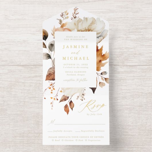 Rustieke Herfst Bloemen Gouden Folie Wedding All In One Uitnodiging (Binnenkant)