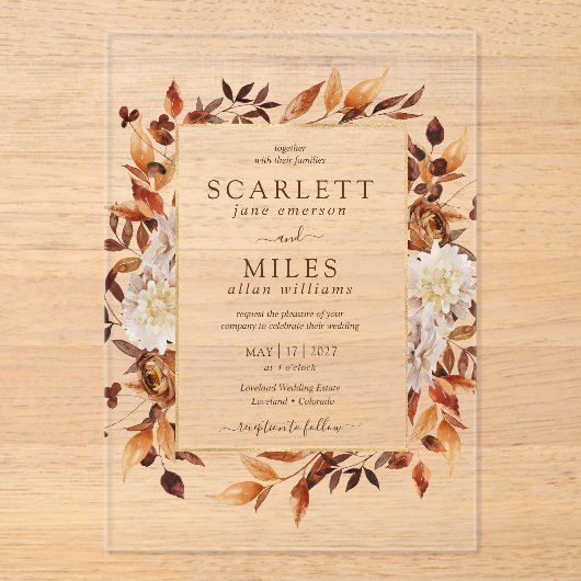 Rustieke Herfst Bloemen Huwelijk in Acryl Acryl Uitnodigingen (Voorkant)