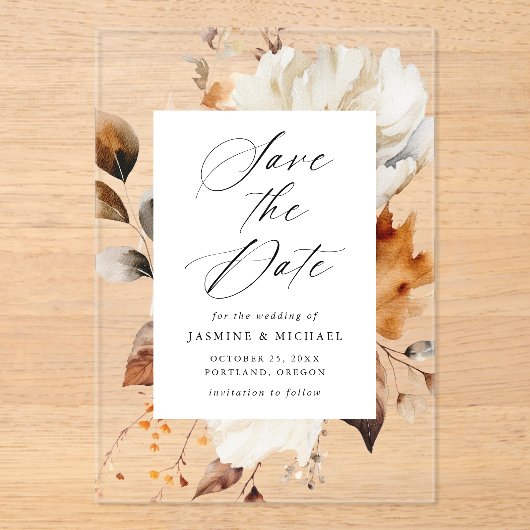Rustieke Herfst Bloemen Lijst Wedding Save the Dat Acryl Uitnodigingen (Voorkant)