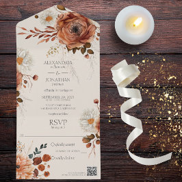 Rustieke herfst bloemen op beige QR code All In One Uitnodiging