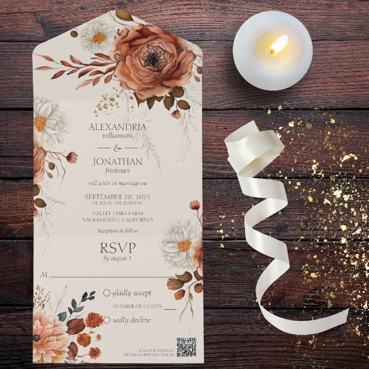 Rustieke herfst bloemen op beige QR code All In One Uitnodiging