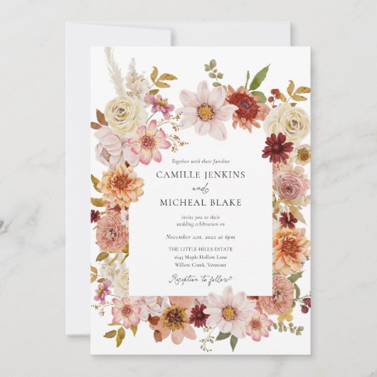 Rustieke Herfst Bloemen QR Code Huwelijksuitnodigi Kaart (Voorkant)