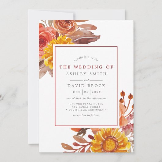 Rustieke Herfst Bloemen Waterverf Huwelijksuitnodi Kaart (Voorkant)