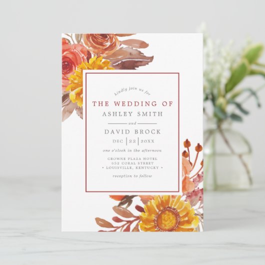 Rustieke Herfst Bloemen Waterverf Huwelijksuitnodi Kaart (Staand voorkant)