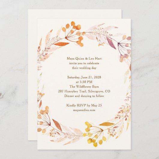 Rustieke Herfst Bloemen Waterverf Krans Boho Huwel Kaart (Voorkant / Achterkant)