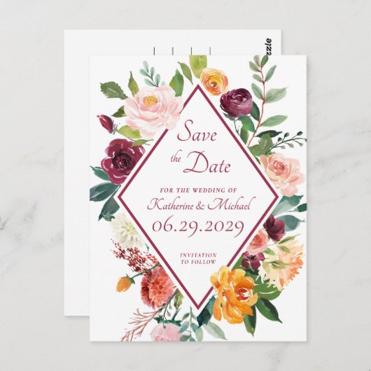 Rustieke Herfst Bloemen Wijnrood Save The Date Briefkaart (Voorkant / Achterkant)