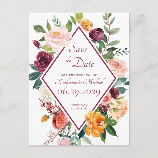 Rustieke Herfst Bloemen Wijnrood Save The Date Briefkaart (Voorkant)