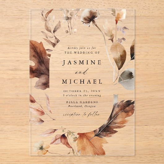 Rustieke herfst bloemenbruiloft Lijst Acryl Uitnodigingen (Voorkant)