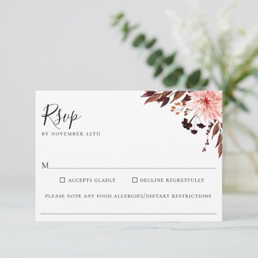 Rustieke herfst bloemenbruiloft voedsel allergie R RSVP Kaartje (Staand voorkant)