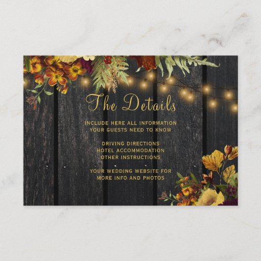 Rustieke herfst bloemenhout bruiloft gastgegevens informatiekaartje (Voorkant)