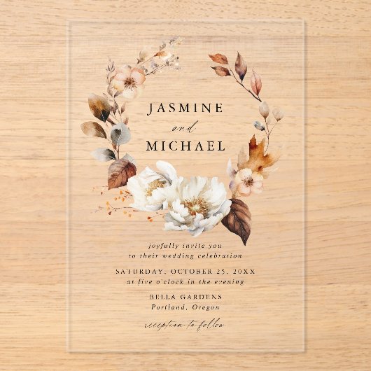 Rustieke herfst bloemenkrans bruiloft acryl uitnodigingen (Voorkant)