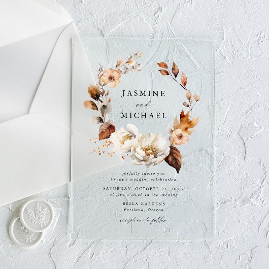 Rustieke herfst bloemenkrans bruiloft acryl uitnodigingen
