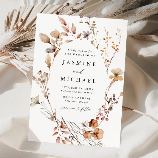 Rustieke herfst bloemenkrans bruiloft kaart