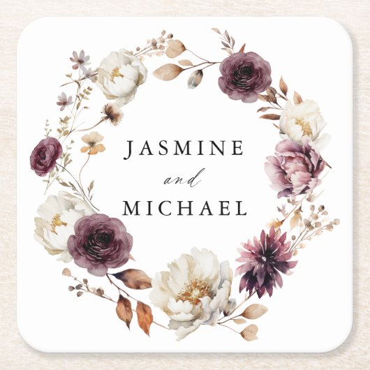 Rustieke herfst bloemenkrans bruiloft kartonnen onderzetters (Voorkant)