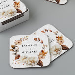 Rustieke herfst bloemenkrans bruiloft kartonnen onderzetters<br><div class="desc">Elegante herfst bloemenbruiloft onderzetters met uw namen omgeven door krans van waterverf bloemen en gebladerte in tinten van ivoor,  crème,  bruin en sinaasappel. De boho herfst bloemenbruiloft onderzetters zijn ideaal voor uw bruiloft receptie,  repetitie diner,  verlovingsfeest,  paren douche,  enz. Het ontwerp komt overeen met ons rustieke herfst bloemenbruiloft collectie.</div>