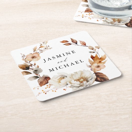 Rustieke herfst bloemenkrans bruiloft kartonnen onderzetters (Schuin)