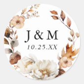Rustieke herfst bloemenkrans bruiloft monogram ronde sticker (Voorkant)