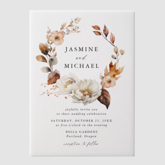 Rustieke herfst bloemenkrans bruiloft vellum uitnodigingen (Voorkant)