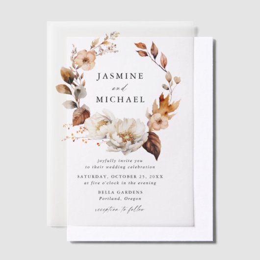 Rustieke herfst bloemenkrans bruiloft vellum uitnodigingen (Offset)
