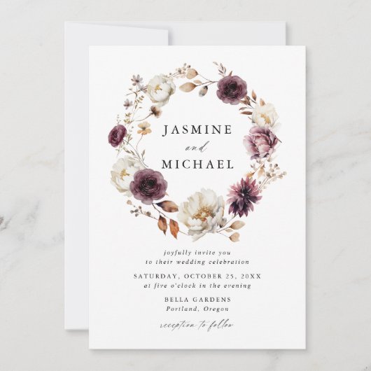 Rustieke herfst bloemenkrans foto bruiloft kaart (Voorkant)