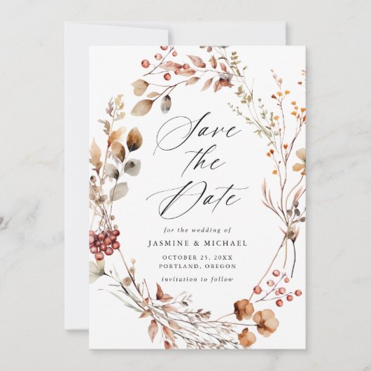 Rustieke herfst bloemenkrans foto bruiloft save the date (Voorkant)