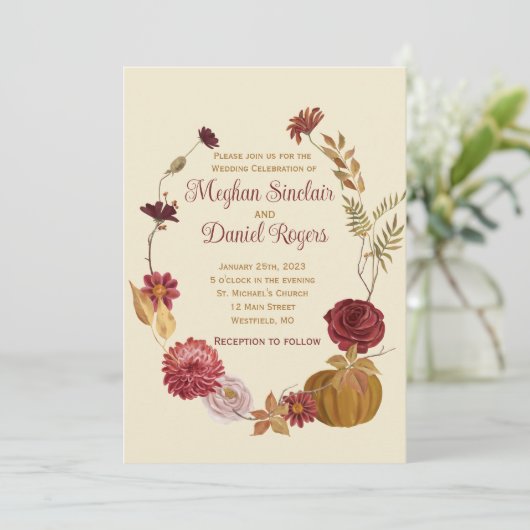 Rustieke herfst bloemenpompoen bruiloft kaart (Staand voorkant)