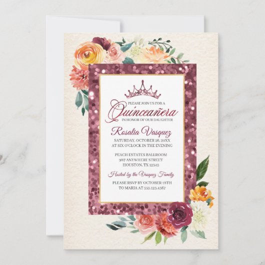 Rustieke herfst bloemensequin quinceanera uitnodig kaart (Voorkant)