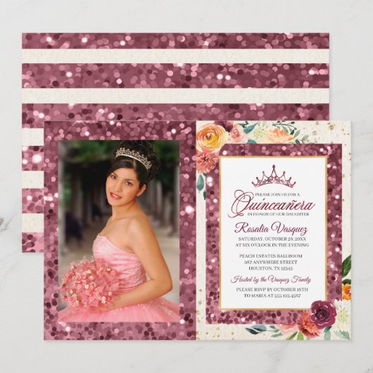 Rustieke herfst bloemensequin quinceanera uitnodig kaart (Voorkant / Achterkant)