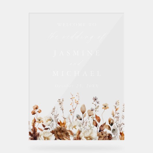 Rustieke herfst bloemenweide bruiloft welkom acryl bord (Voorkant)