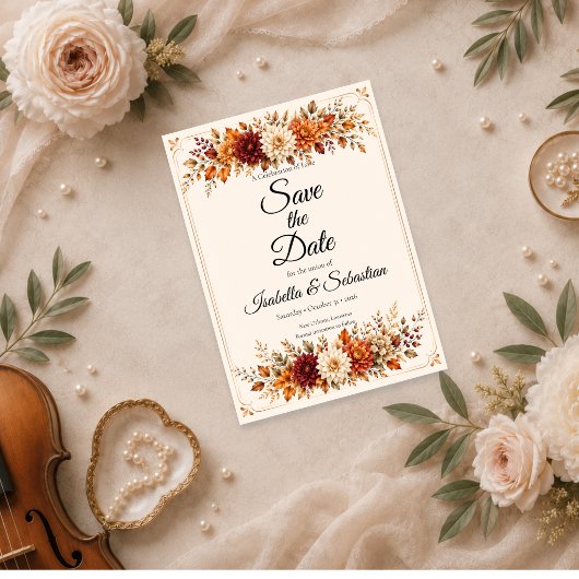 Rustieke herfst bloemige bruiloft save the date